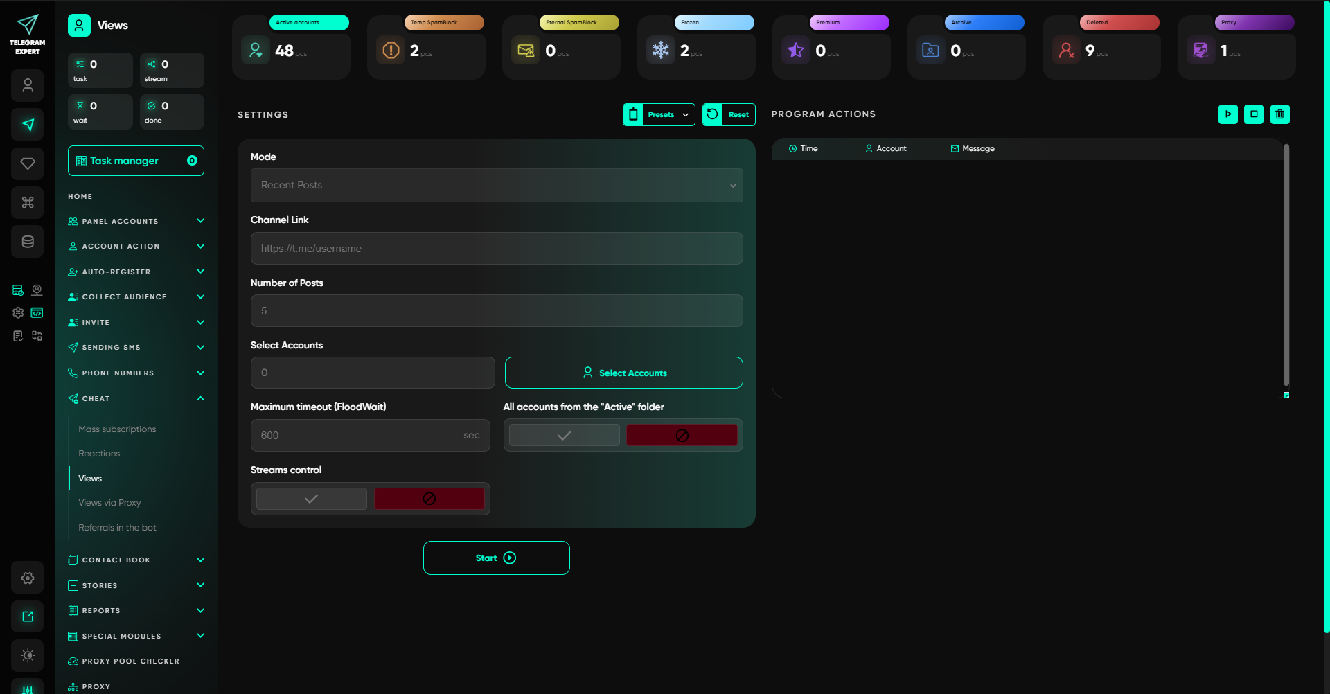 Proxy configuration panel in Telegram Expert with Astro proxies