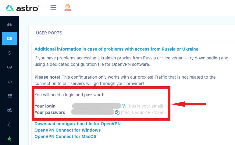 Username and password for OpenVPN Connect