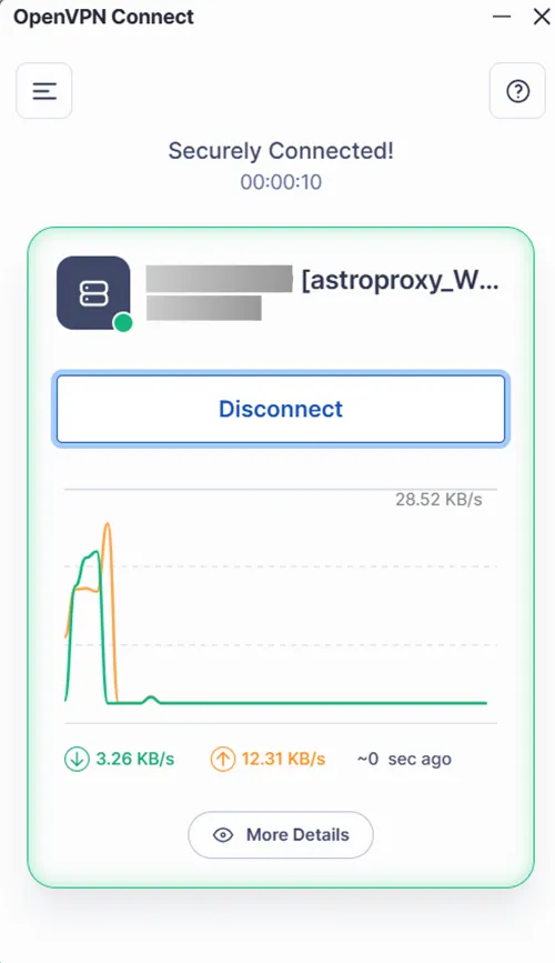 Astro proxy VPN tunnel connected